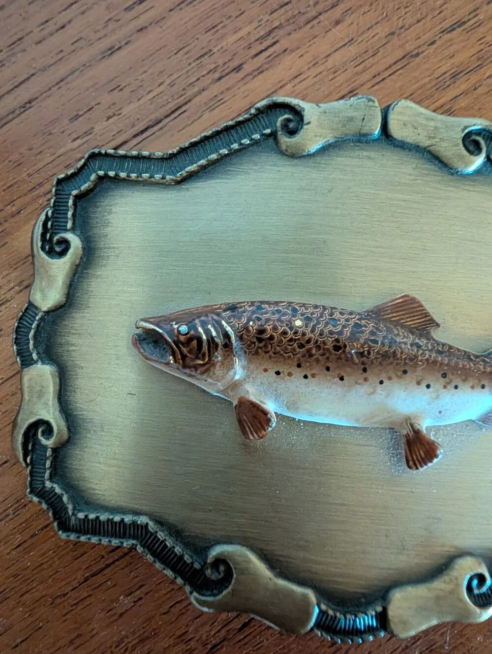 Vintage 70s Raintree Belt Buckle Salmon Fish Brass Western Fly Fishing Western